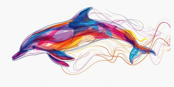 One-Line Drawing, A Dolphin Swimming in Space, Outlined in a Simple and Minimalist Style.