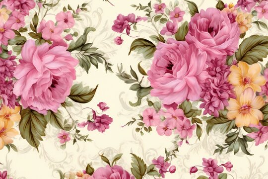 Seamless pattern with watercolor flowers in vintage style,  Hand-drawn illustration