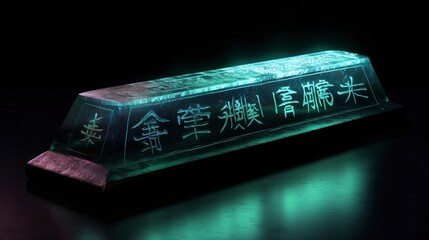 Ethereal Fusion, Glowing Japanese Calligraphy, Runes, and Diagrams Adorn a Raw Tourmaline Crystal Shard.