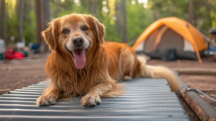 A happy white Golden Retriever puppy sits on a bench, tongue out, looking adorable