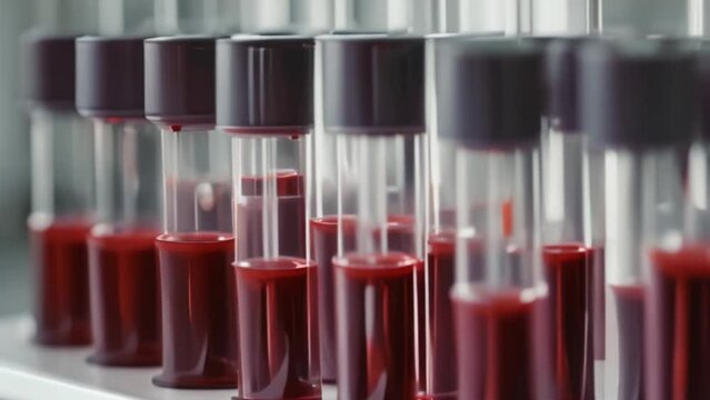 Many medicine tubes with dark red vein blood. Laboratory test sample. Medical research. Health care analysis. Human plasma in glass tube. Hospital clinic lab diagnostic. Hematology check concept.