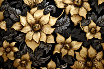 Goldene und schwarze Blumen auf schwarzem Hintergrund 
