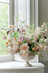 Wedding arrangement of flowers in a low vase on a leg. Dahlias, roses, heather, garden flowers