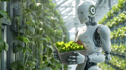 A humanoid robot is carrying a crate of vegetables at a vertical farm.