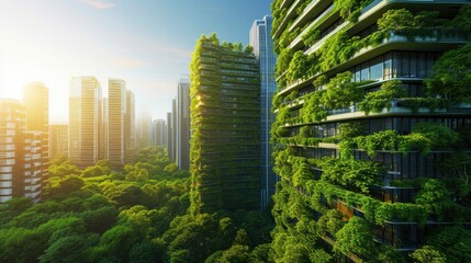 Futuristic Smart City green ecology friendly towers and tall buildings. - obrazy, fototapety, plakaty