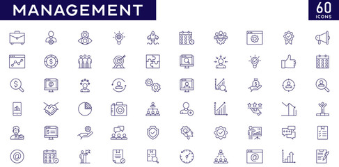 Management icons set with fully editable stroke thin line vector illustration with employee, planning, training, business, marketing, strategy, teamwork, social media, time, manager, human resource
