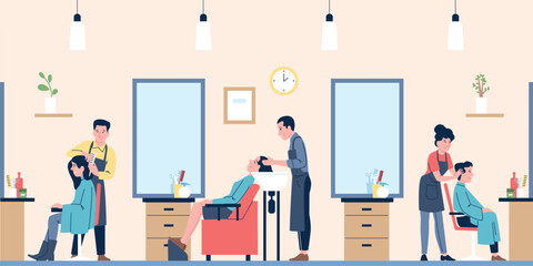 Hairdressing salon. Barbers and hairdressers working with people. Men women caring hair, doing haircuts, washing head. Flat recent vector scene - obrazy, fototapety, plakaty