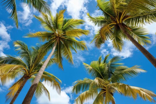 Coconut palm trees against a blue sky