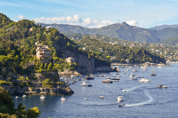 Elevated view of the coast with Cannone Bay and Paraggi Bay  in the Portofino Regional Natural Park overlooking the Gulf of Tigullio in summer, Portofino, Genoa, Liguria, Italy