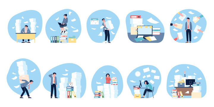 Unorganised business people with piles of papers. Managers and administrator overwhelmed, files stacks and deadlines. Recent vector office scenes
