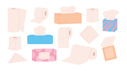 Hygiene paper set. Dry and wet wipes for hand and body care. Papers for kitchen and toilet, female self caring. Various racy vector accessories