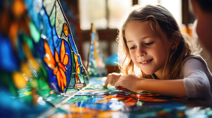 Parents and children crafting intricate and artistic stained glass designs,  showcasing creativity