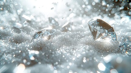 White background booth, scattered diamonds falling from above, very flash, crystal clear, star powder, center composition, split lighting, creative background design. Abstract Background. - obrazy, fototapety, plakaty
