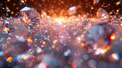 Foto op Plexiglas Scattered white diamonds and crystals falling from above, very shiny, clear, golden glow, star powder, centerpiece composition, creative background design. Abstract Background. © pengedarseni