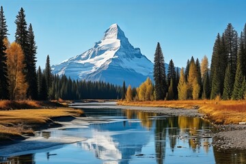 Serene alpine mountain landscape with clear blue sky, calm waters, and reflective beauty