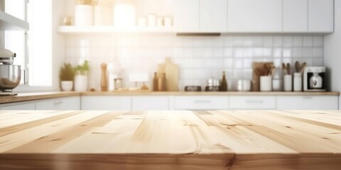 Wooden light empty table top in modern white kitchen, kitchen panel in interior. Template showcase scene for advertising products. Generative AI. - obrazy, fototapety, plakaty