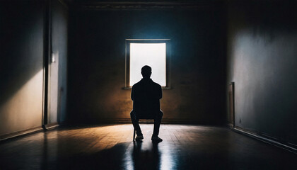 man on a chair in dark room, depression and melancholy concept