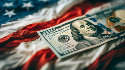 A fictional 100 dollar bill on an American flag - obrazy, fototapety, plakaty