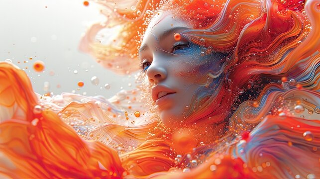 3D surreal illustration, woman with wavy orange hair is drowning. decorated with small air bubbles.