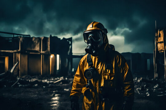 man in hazmat suit and gas mask walking in a city after an apocalyptic event