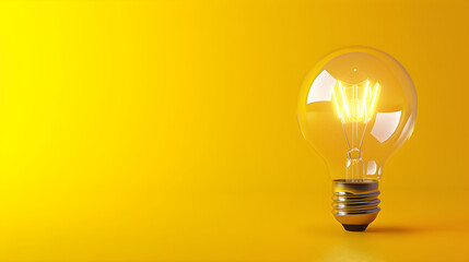 Light bulb on yellow background with copy space. Glowing light bulb symbol of new idea, inspiration, innovation, solution, creativity concept. Design for banner, card, poster, ads.