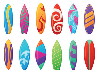 Cartoon surfing board. Isolated summer surf boards collection. Longboard and surfboard with various prints, nowaday vector sea sport equipment
