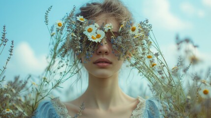 A faceless portrait. bohemian-style woman in a loose indigo dress, her face covered by a wild bouquet of daisies and lavender on a matte sky blue background
