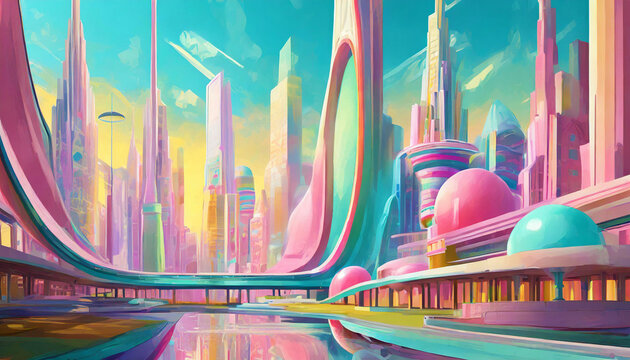 futuristic city in pastel colors in sweet bubblegum colors
