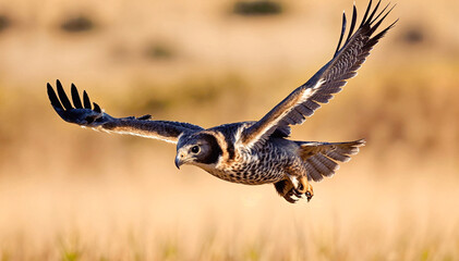 Obraz premium A bird of prey, the peregrine falcon, is in flight with wings outstretched. The background is a yellow-brown field.