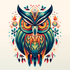 Illustration of a owl on a folk style poster in bright  colors, character and interesting elements around in a flat minimalistic style. The pattern is ideal for decorating postcards prints on mugs