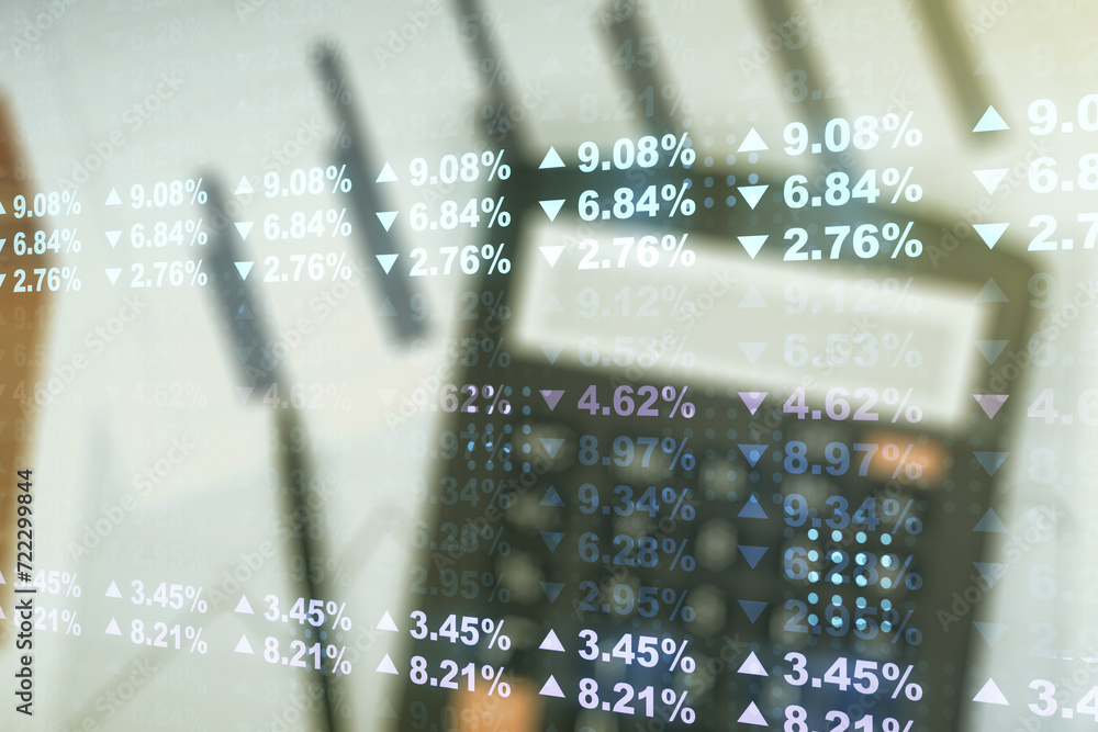 Poster Double exposure of abstract virtual statistics data hologram on blurry calculator background, statistics and analytics concept