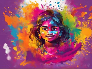 Fototapeta premium Colorful depiction of Holi, showcasing the festivity through child faces adorned with vibrant colors during the Indian Holi festival.