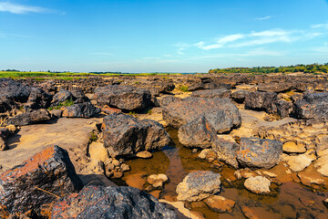 Grand Canyon in Thailand, Nature of rock canyon in Mekong River, Dry rock reef in the Mekong River with mountain hills. View of Sam Phan Bok is called Valley of Thailand. Nature landscape background.