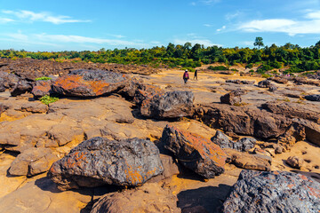 Grand Canyon in Thailand, Nature of rock canyon in Mekong River, Dry rock reef in the Mekong River with mountain hills. View of Sam Phan Bok is called Valley of Thailand. Nature landscape background.