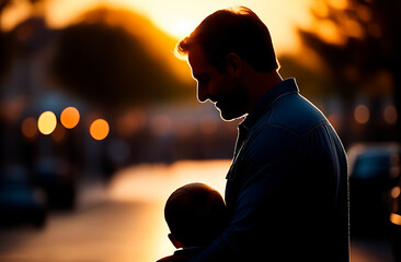 Silhouette of a man hugging his son in backlit sunset light, background with bokeh