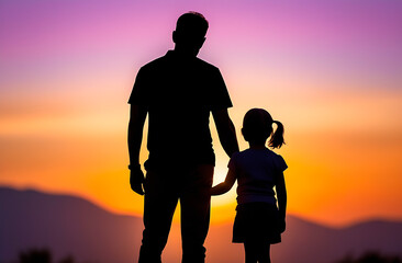 Silhouette of a man holding his young daughter in the backlight of sunset, beautiful sunset