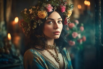 Woman fairy flowers medieval style. Dreamy lady with floral wreath accessory. Generate ai - obrazy, fototapety, plakaty