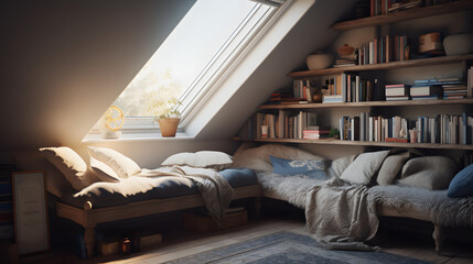 Sun-Kissed Attic Oasis with Comforting Reading Space AI-Generative