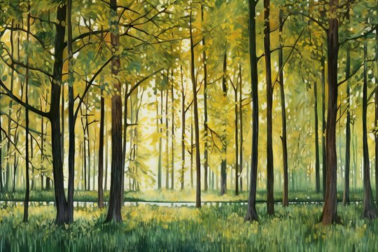 Digital painting of a forest in autumn with yellow leaves and green grass
