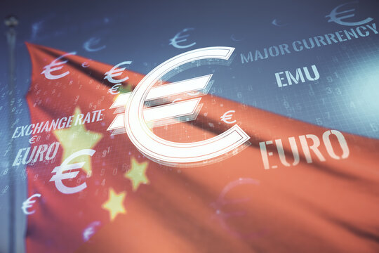 Virtual EURO symbols illustration on Chinese flag and sunset sky background, forex and currency concept. Multiexposure