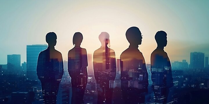 People and network, silhouette of people looking at a city to learn more about business, digital mixed media. Generative AI