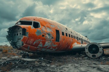 Fototapeta premium a wrecked plane near a field covered in debris, in a desert, photo landscapes