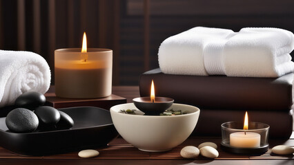 Fototapeta na wymiar Infuse a Zen-inspired elegance into the composition the beauty of spa accessories in a harmonious setting. Towel with herbal bag and beauty treatments, candles, essential oils
