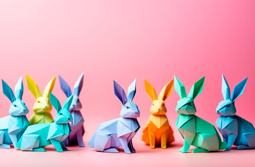 Origami rabbits made of colored paper, bright pink minimalist background, Easter concept