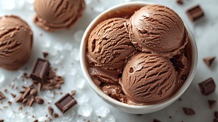 Delicious chocolate ice cream with ice cubes and choco chips, sweet dessert background.