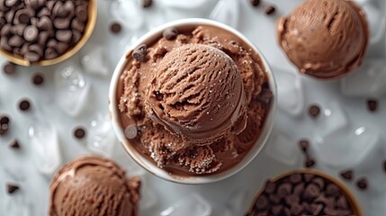 Delicious chocolate ice cream with ice cubes and choco chips, sweet dessert background.