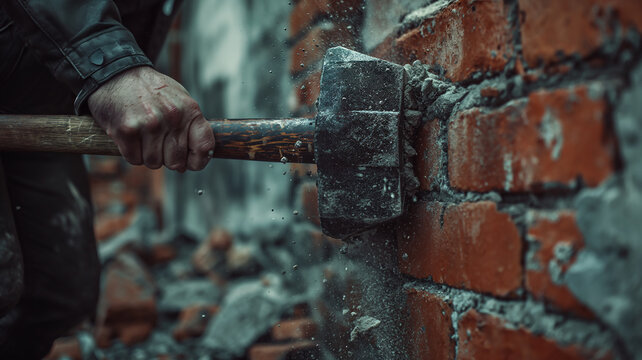 Close-up of a sledgehammer breaking a wall