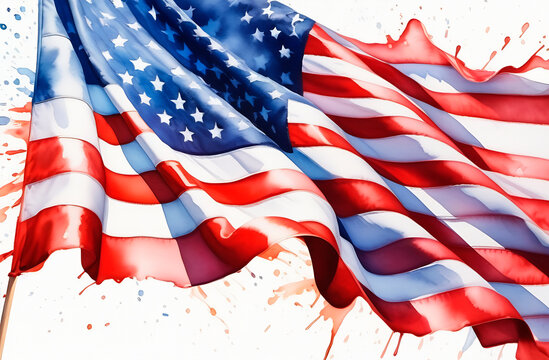 American flag, watercolor image with color splashes, white background