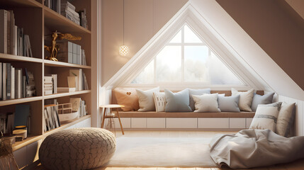 Sun-Kissed Attic Oasis with Comforting Reading Space AI-Generative