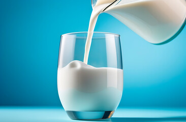 Pouring fresh milk in a glass, close up on a minimalist light blue background